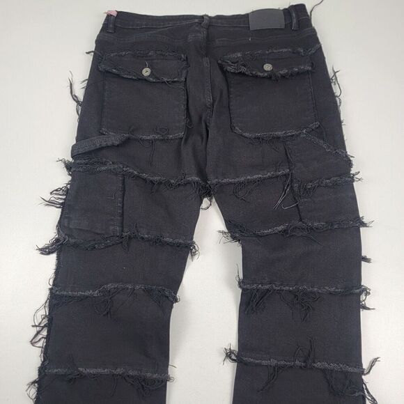 Valabasas Mens Stacked Button Fly Distressed Jeans Size 38 Fringed Black Pants - Picture 4 of 13